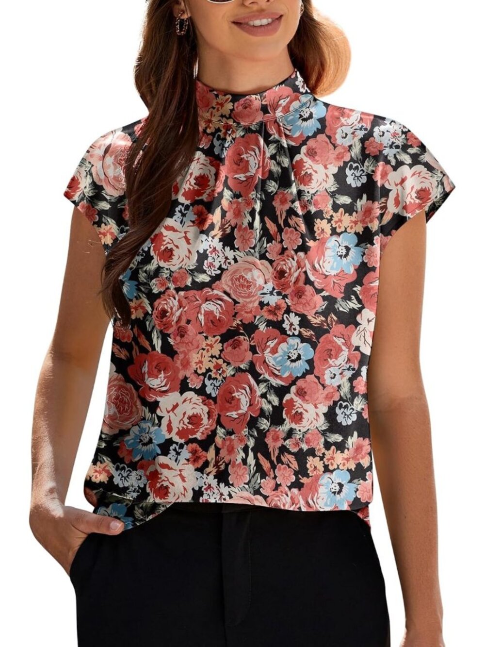 Chic Women's Summer Mock Neck Blouse - Short Cap Sleeve, Pleated Chiffon Tunic